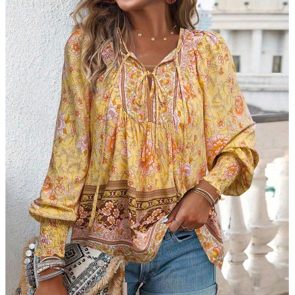 Yellow Floral Printed Boho Long Sleeve Blouse Loose Fit Neck Ties - Picture 1 of 8